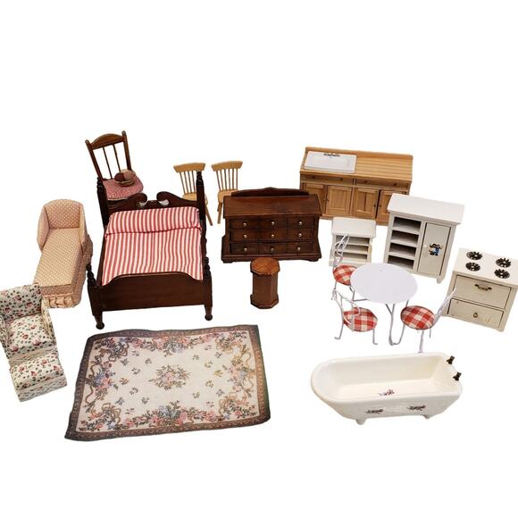 Vintage Doll House Furniture Porcelain Bath Tub Wooden 4 Poster Bed - Picture 1 of 12